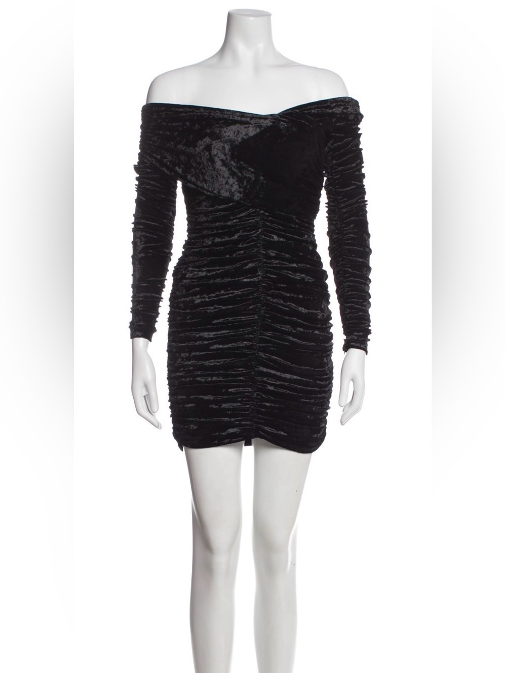 Ronny Kobo Collection Black Off-Shoulder Ruched Velvet Mini Dress